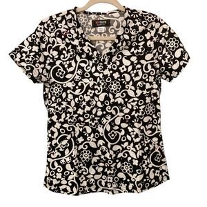 French Bull by Koi Black & White Floral Print Scrub Top Size XXS NWOT